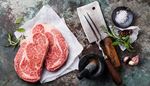 steak, mortar, rosemary, cleaver, pestle, fork, paper, salt, blade, garlic