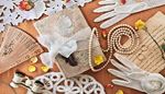 operaglasses, feather, fan, letter, rose, petals, gloves, bow, ring, pearls, diary