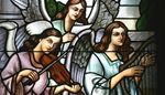 stained, feather, three, angel, church, violin, violinbow, wing, harp, song