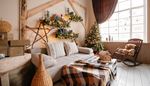 shelf, teddybear, christmas, rockingchair, curtain, wicker, livingroom, blanket, star, window, box