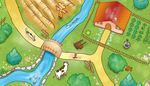 scarecrow, wheelbarrow, homegarden, entrance, vegetablebed, river, bridge, fingerpost, cow, well, farm, cat, gate