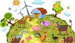 rooster, windturbine, butterfly, piglet, pig, fence, sheep, horse, goose, goat, bee, barn, udder, duck, cow