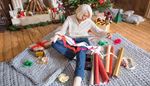 fireplace, floor, reindeer, ribbon, christmas, grayhair, parquet, bow, wrapper, jeans, plank, fir, gift