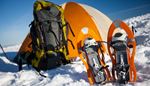 fasteners, backpack, hiking, snowshoes, orange, shadow, snow, pocket, sky, tent, belts