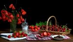 stilllife, strawberries, sugarbowl, chocolate, poppy, wicker, bowl, handle, basket, berries, fork, saucer, vase, cherry