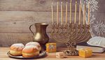 gift, tradition, menorah, dreidel, pitcher, kippah, candle, donut, plate, table, brass, book