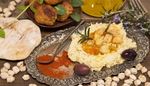 pita, paprika, chickpeas, hummus, rosemary, cuisine, silver, olive, tray, falafel, oil, spoon