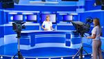 studio, television, backlight, newscaster, trousers, operator, stripes, camera, display, blue, tripod