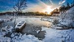 sunrise, footprints, forest, winter, frost, tree, snow, boat, ice, lake