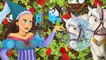 spell, necklace, grimace, sleeve, earring, tower, wand, hennin, corset, branch, reins, horse, roses, magic