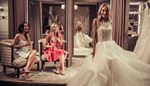 reflection, embroidery, sparklingwine, fitting, friends, bride, happiness, dress, armchair, pumpsshoes, curtain, mirror, skirt