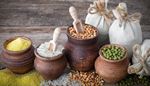 groats, mungbean, burlap, claypot, buckwheat, pouch, scoop, cornmeal, rice, wood
