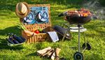 grill, plate, firewood, smoke, wicker, picnic, lid, towel, baguette, wheel, fork, grass, hat, lawn