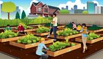 crown, mansion, plants, fence, people, city, vegetablebed, box, shovel, roof