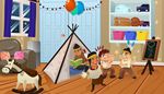 curtain, children, feathers, indian, balloon, saddle, night, chest, wigwam, horse, igloo, easel, car