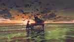 sunset, cloud, flock, surf, flap, waves, pianist, piano, horizon, birds