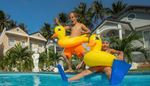 shorts, house, streetlamp, summer, duck, sculpture, flippers, two, palm, pool, boy