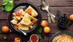 pancakes, blackcurrant, apricot, breakfast, teaspoon, leaves, platter, fork, jam
