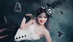 clubs, lipstick, brunette, earring, masquerade, shoulder, fedora, corset, lace, glove, feather, smoke