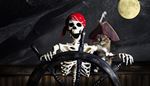 cat, tricorne, skeleton, skull, feather, ribs, bandana, wheel, night, pirate, jaw, spine, moon
