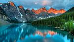 reflection, forest, nationalpark, ridge, peak, lake, mountain, sunset, cloud