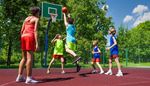 ball, sportfield, fence, basketball, shorts, sneakers, children, throw, crown, team, jump, net